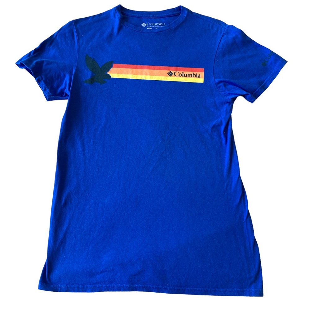 Men’s Columbia cotton T-shirt blue with orange yellow silhouette eagle size S